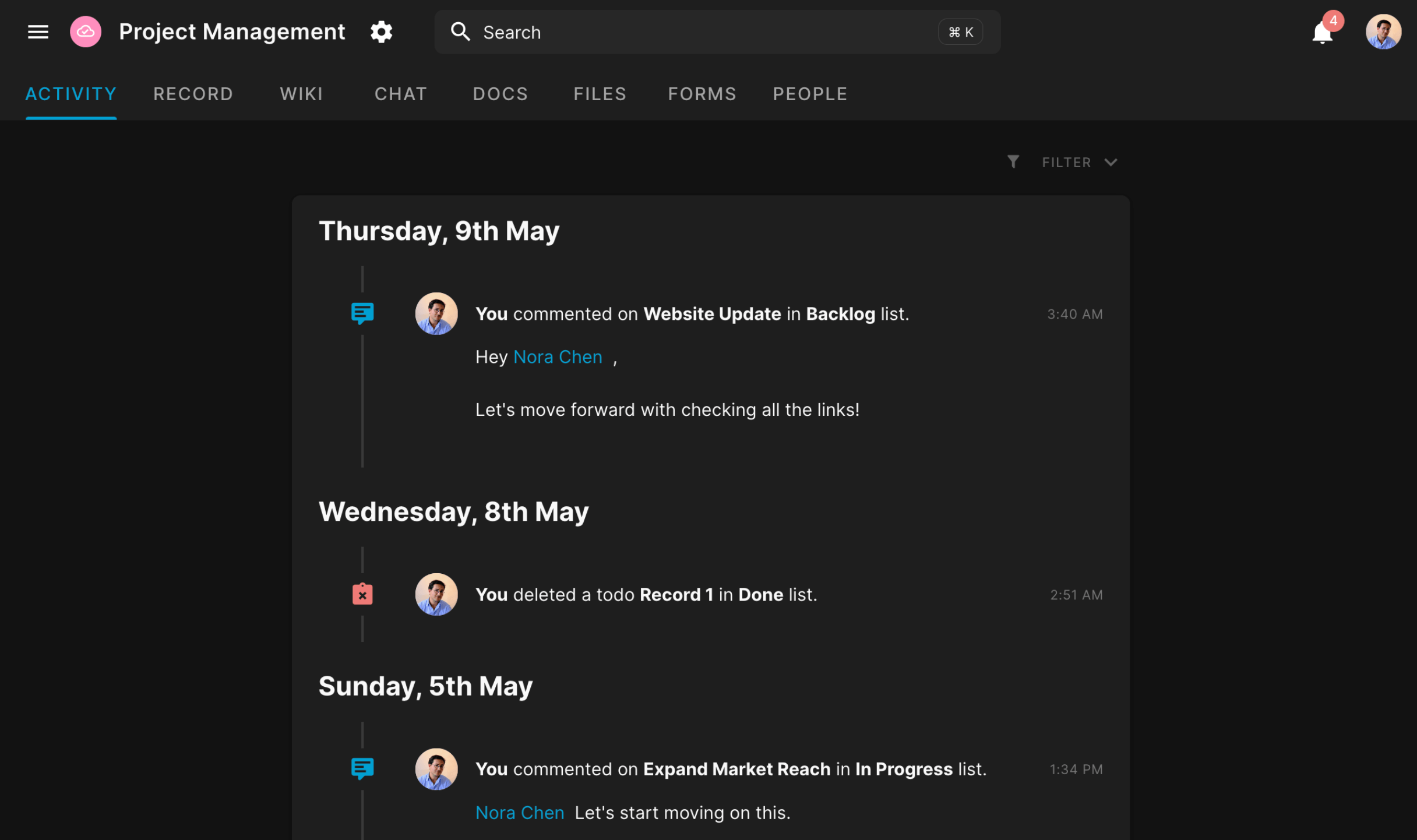 Project Activity screenshot