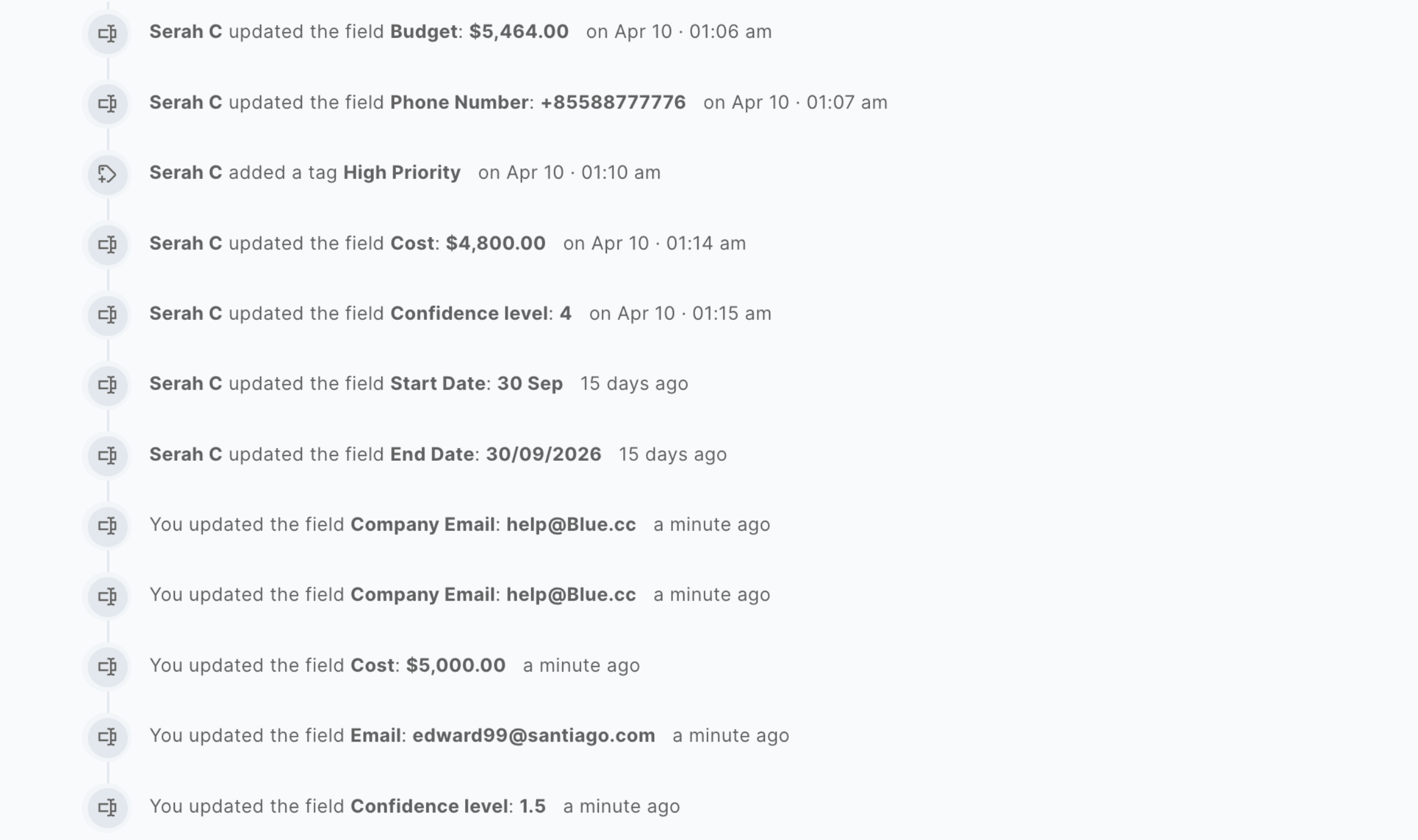 Audit trail of custom field changes screenshot